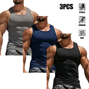 3-pack men’s solid-color tank tops for fitness—comfortable, breathable, quick-drying, comfortable fit, crew neck; suitable for everyday casual wear and sports/fitness; a Valentine’s Day gift for men. Lifestyle,Summervibes