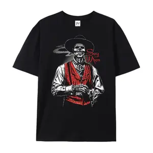 Say When Skeleton Cowboy Graphic Tee Black Cotton T-Shirt, Western Gothic Doc Holliday Style Top, Vintage Americana Aesthetic, Retro Tombstone Movie Quote Shirt for Men, Edgy Country Streetwear Casual Menswear graphic tee