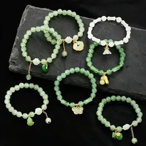 7PCS  Women's Green Jade Beaded Stretch Bracelet — A Chinese-Style Auspicious Gold-Plated Bangle and Traditional Healing Jade Accessory. The perfect lucky gift for her, suitable for both everyday wear and festive occasions.