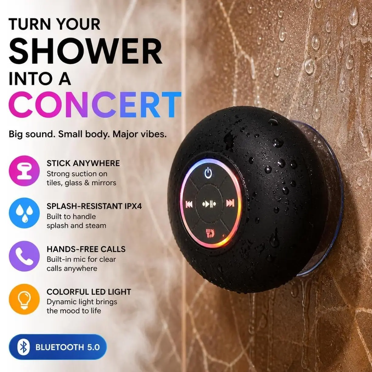 Bluetooth Shower Speaker with RGB LED Light, IPX4 Waterproof Portable Subwoofer, Built‑in Mic Hands‑Free Call, Strong Suction Cup Mount Wireless Speaker for Bathroom, Shower, Pool, Beach, Car, Camping & Outdoor Activities