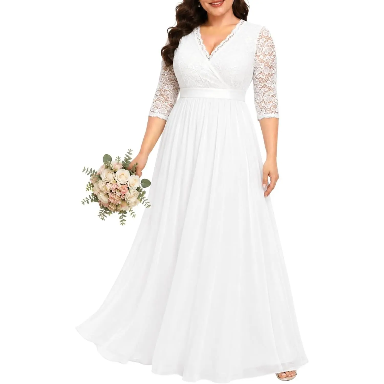 Pinup Fashion Plus Size Formal Long Evening Gown Wedding Dress for Bride Elegant lace wrap v-neck, 3/4 sleeves, chiffon, empire waist, A-line, wedding guest, mother of bride/groom, bridesmaid