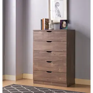 Modern five drawer clothes and storage chest cabinet with cutout handles in Hazelnut color-B107P173435