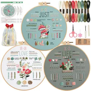 3 Sets Embroidery Starter Kit for Beginners Adults and , Hand Embroidery Kits with Stamped Patterns, Floral Embroidery Stitches Kit DIY Craft Includes Hoop, Threads, Cloth, Storage Bag
