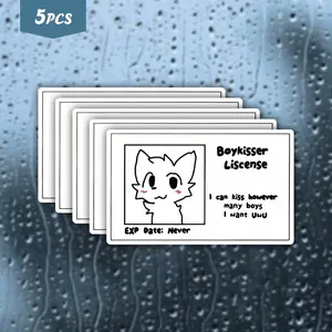 5Pcs "Boykisser License" Meme Waterproof Vinyl Sticker, Durable Adhesive Stickers, Funny Furry Cartoon Self-Adhesive Decal, Suitable For Water Bottles, Laptops, Journals, Ideal For Meme Enthusiasts, Furry Community And Humor Lovers, Self Adhesive Stickers
