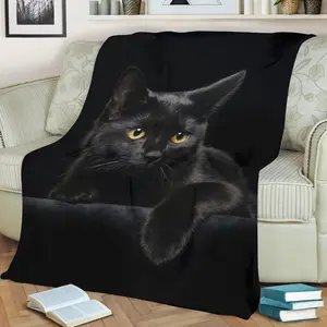 2D Soft Funny Throw Blanket with Cute Black Cat Print Flannel Material for Warm Naps on Couch Sofa Office Bed Camping Travel Multi-purpose Gift Blanket
