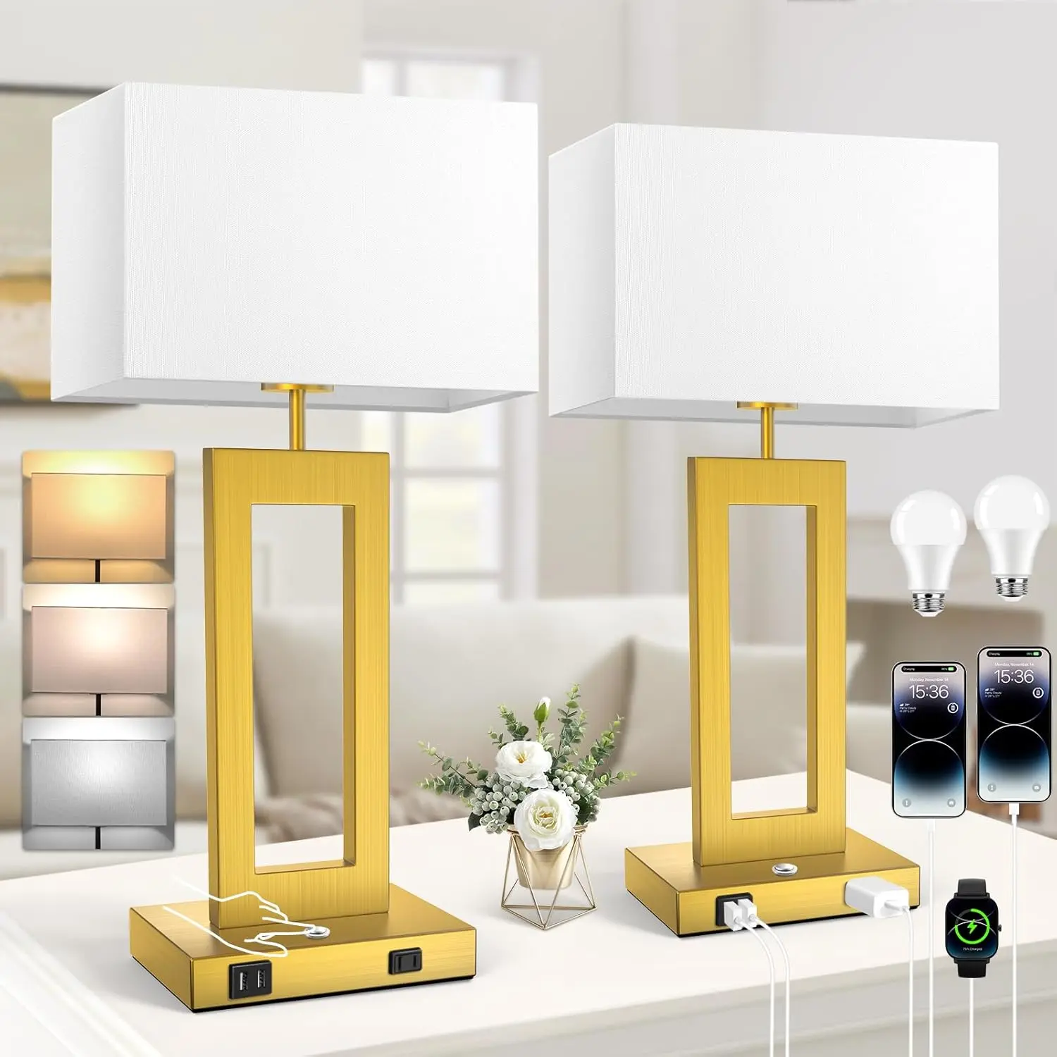 MATULSA 22-in Tall Sturdy Brass Linen LED Desk Lamps Set of 2 - Touch Control, 3 Color Temperatures, Fast-Charging USB Ports, AC Outlet, 2 Bulbs, Modern Gold Dimmable Portable Desk-Mounted Energy Saving Lamps with Bases & Shades for Bedroom Side Table, Se