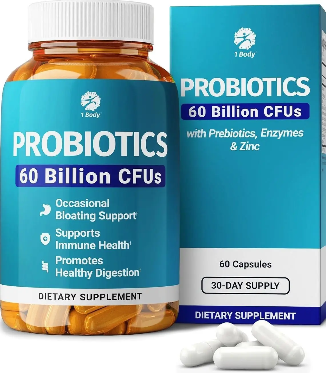 1 Body 60 Billion Probiotics for Men & Women, Gut Health for Men & Women with Prebiotics, Digestive Enzymes, Zinc & L-Glutamine, Supports Digestive Comfort, Non-GMO, 60 Vegan Probiotic Capsules