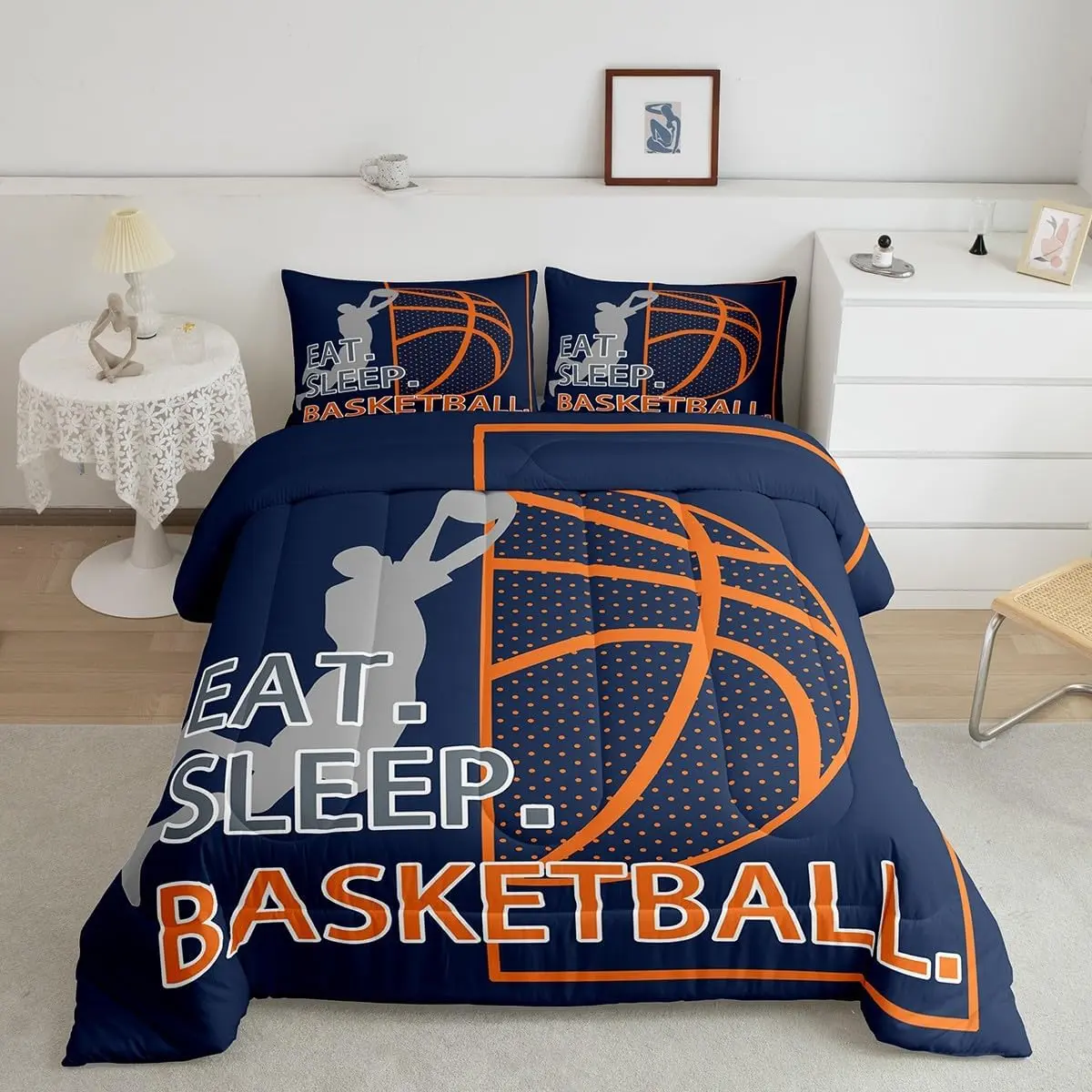 Kids Basketball Game Bedding Set,Soprts Theme Basketball Comforter Set Bedroom Room Decor,Basketball Player Comforter,Navy Blue Bed Set for All Season