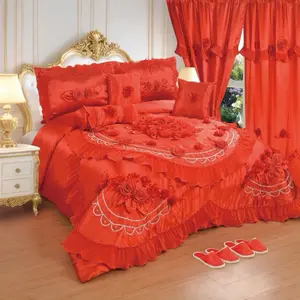 Wedding Set - Pink and White Bedding with Floral Design and Ruffled Edges