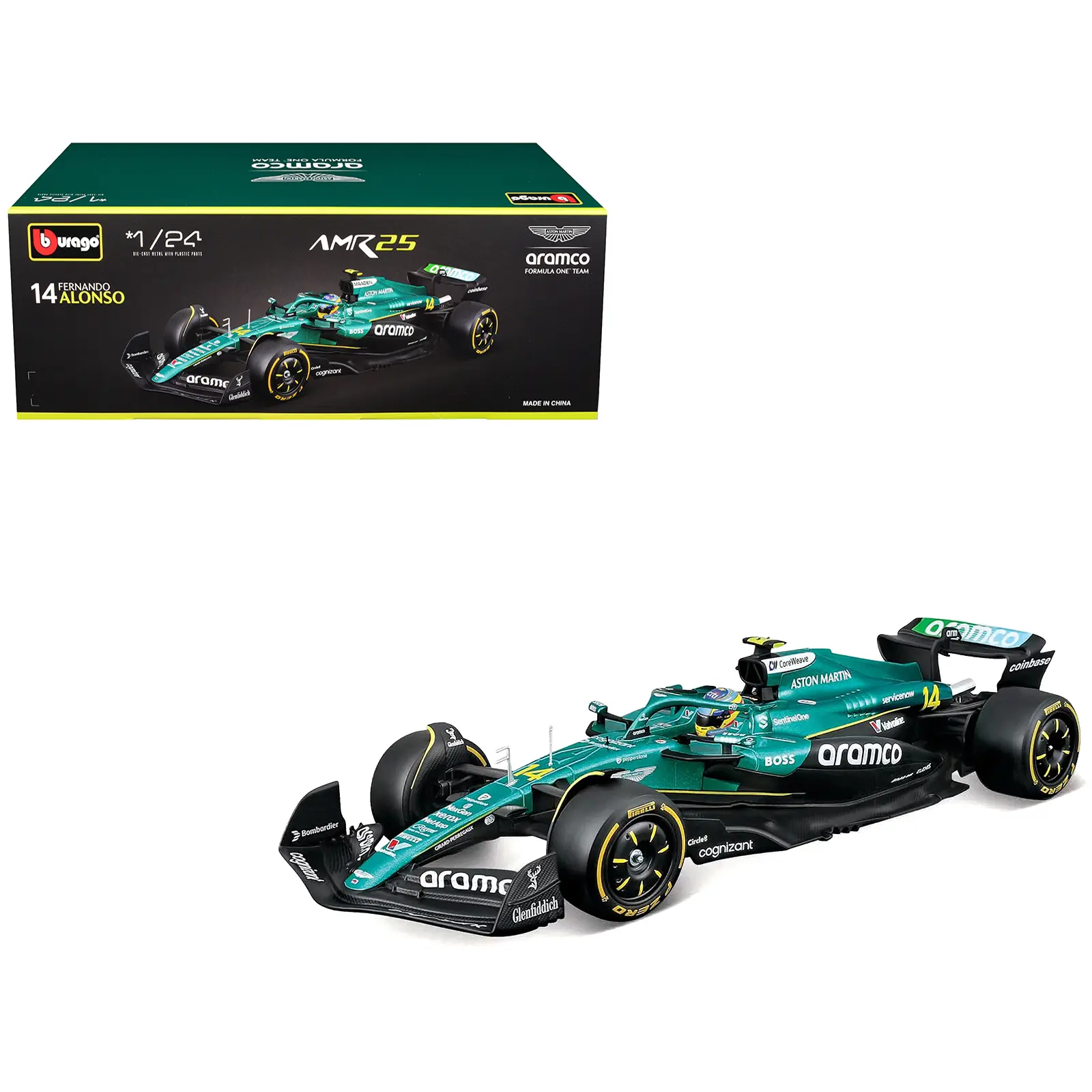 Aston Martin AMR25 #14 Fernando Alonso "Aramco" Formula One F1 "World Championship" (2025) 1/24 Diecast Model Car by Bburago