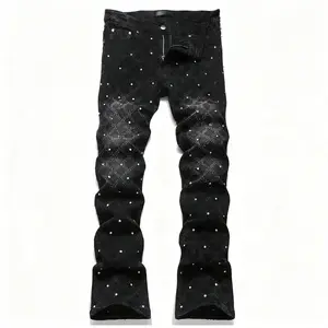 Y2K Men's Shiny Rhinestone Embellished Stretch Slim-Fit Jeans, Casual Street Style Hip-Hop Skateboarding Rap Pants, Machine Washable - All-Season Wear