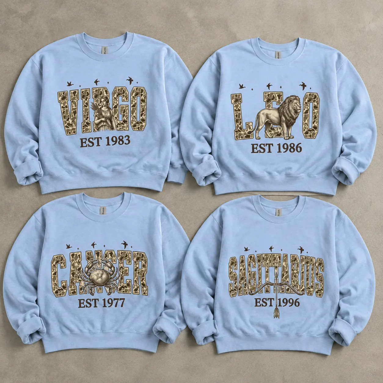 (Leave Add Note or DM Our Shop) Custom Camo Zodiac Sweatshirt with Est Year, LIGHT BLUE Personalized Horoscope Astrology Crewneck Sweatshirt, Vintage Realtree Camo Star Sign Birthday Gift, Unisex Crewneck