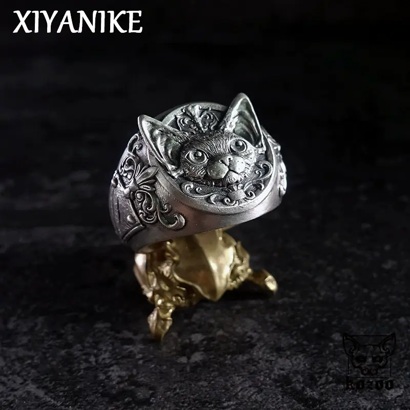 Vintage Thai Silver Curly Cat Adjustable Finger Rings For Men Women Fashion New Jewelry Couple Gift Party Glamorous