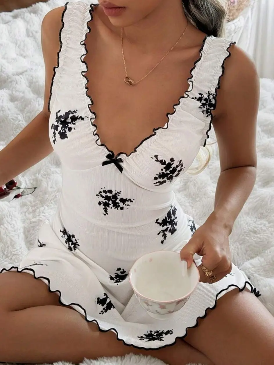 CottageSlumber Women's Floral Print Nightgown, V-Neck Ruffle Trim Sleeveless Sleep Dress With Bow Detail, Soft Cozy Lounge Sleepwear