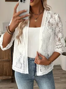 Women's Casual Long Sleeve Lace Hollow Out Cardigan Fitted, All Seasons Solid Color Floral Pattern Knitwear, Ladies Fashion Outerwear