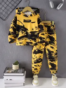 Boys' Fall Winter Graffiti Ink Print Long Sleeve Hoodie Pants Set, Casual Drawstring Design, Comfortable Daily Wear, Perfect Gift Idea, Hoodies, Sweatshirts, Sweatpants
