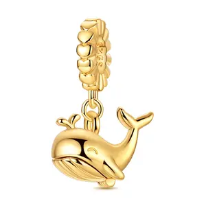MULA Whale Pendant in 925 Sterling Silver-plated with 18K Gold – A cute marine animal pendant, compatible with Pandora bracelets, featuring an open design and a whale shape, suitable for women and girls.