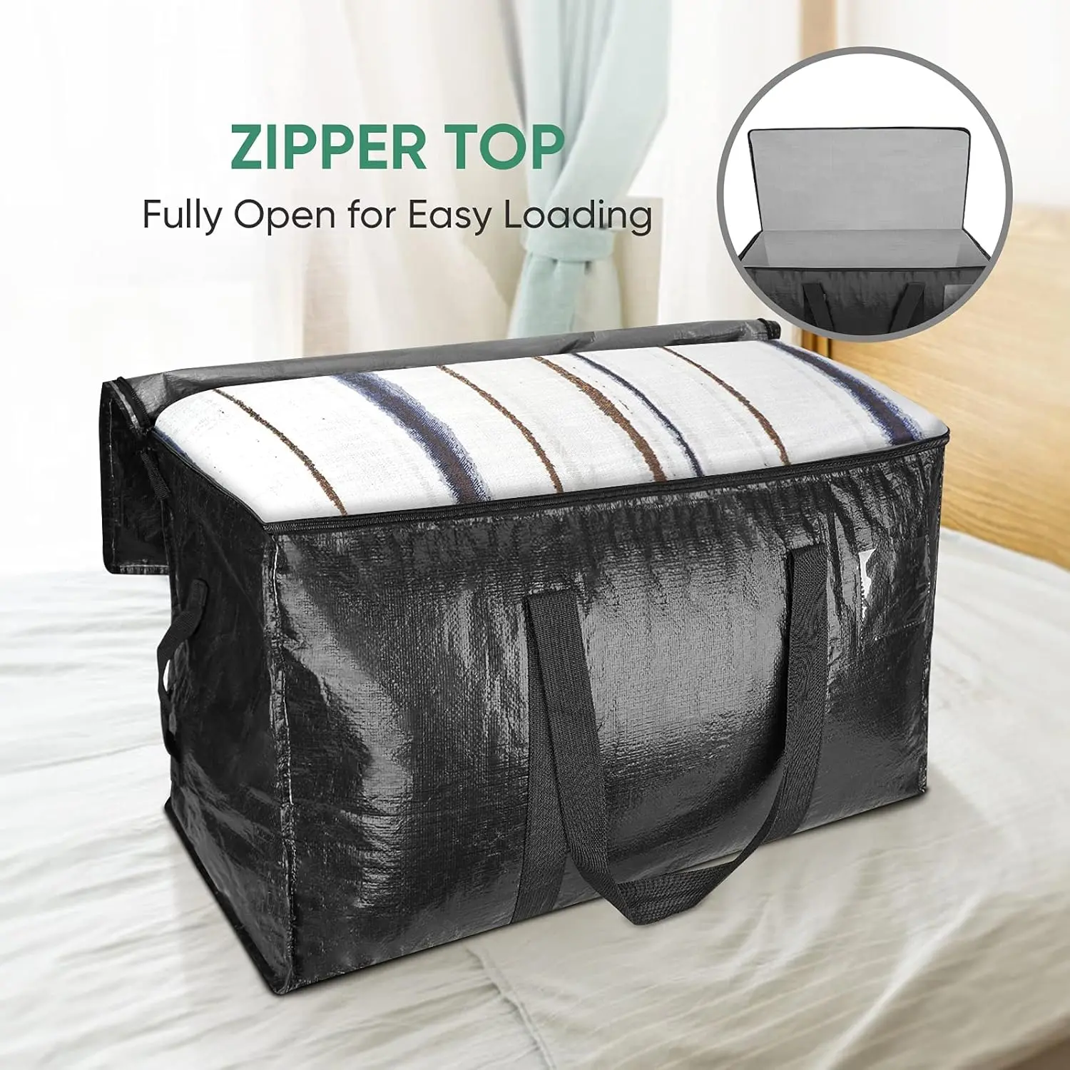 2-pack/6-pack black large-capacity thick storage bags with a visible label area and an all-around handle; travel storage bags for bedding; durable, lightweight storage bags that save space (alternative to cardboard boxes for back-to-school and moving).