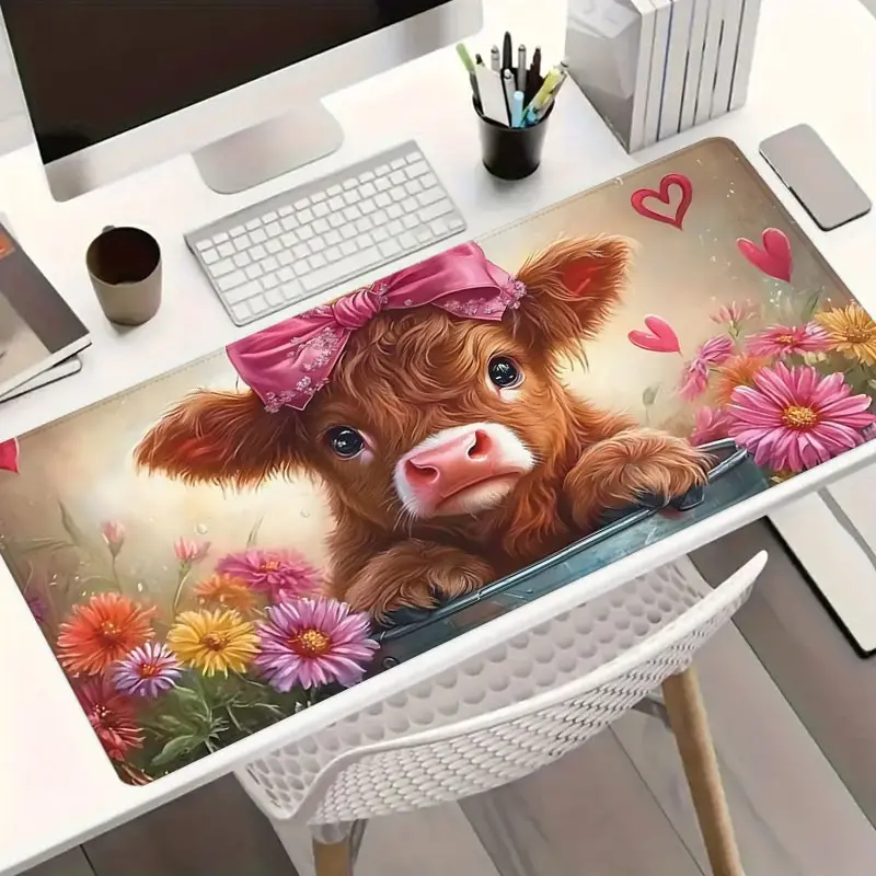 Cute Fluffy Highland Cow with Pink Bow & Flowers Gaming Mouse Pad, Computer Mouse Pad, Extended XXL Desk Mat with Stitched Edge & Non-Slip Rubber Base, Ideal for Gamers, Animal Lovers and Cottagecore Fans, Perfect for Home Offices, Gaming Rooms