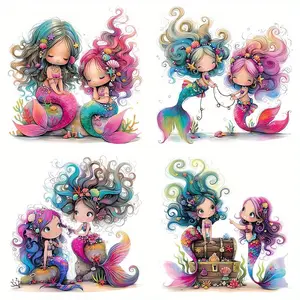 Mermaid Pattern Heat Transfer Sticker, 4 Counts/set Colorful Cartoon Anime Designs for DIY T-shirts, Backpacks & More, DIY Clothing Decals, Handcraft