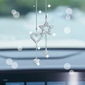 Trendy Star-Heart Car Mirror Decor Rhinestone Star & Heart Car Hanger Sparkling Crystal Dangle Pendant for Women