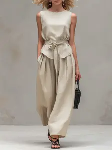 Summer New Minimalist Linen-Style Set, Sleeveless Round Neck Top & High Waist Wide Leg Pants, Casual Comfortable Two-Piece