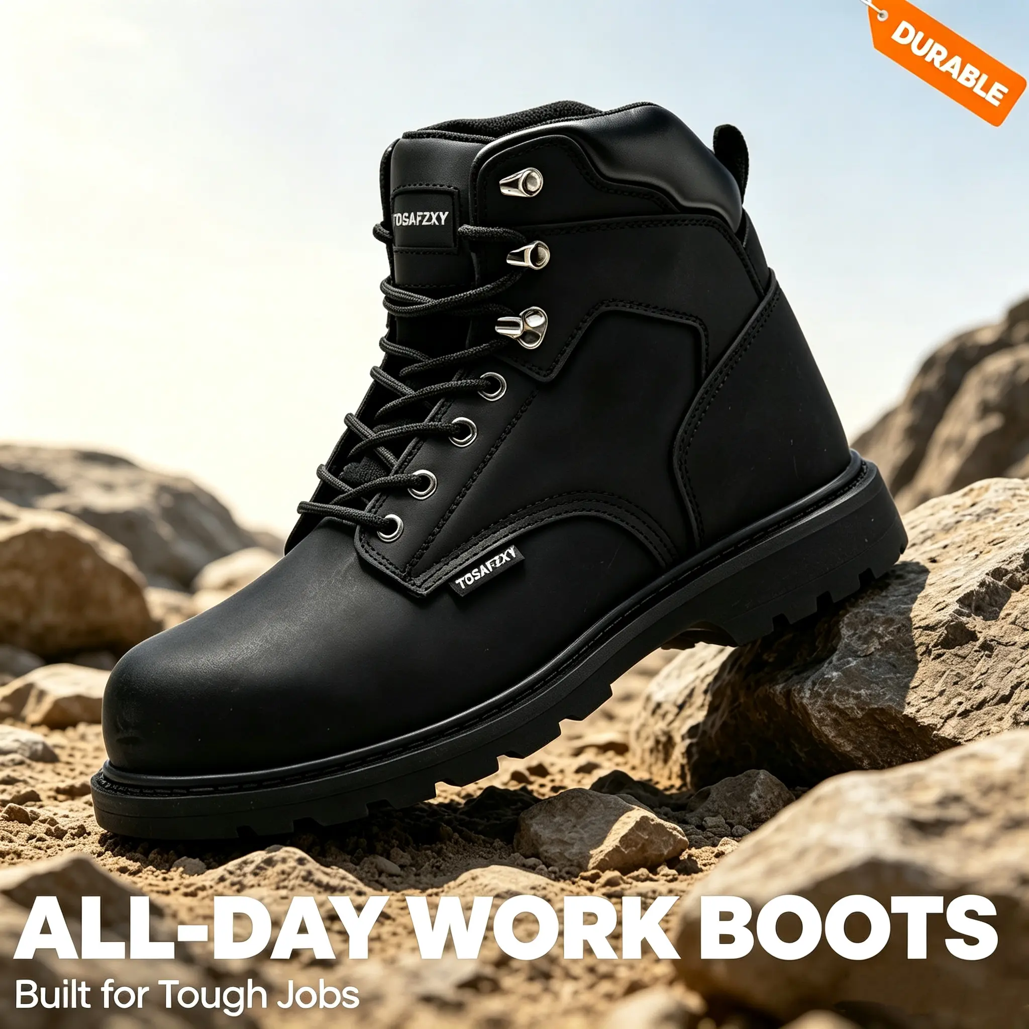 TOSAFZXY Men's Plain Toe Work Boots, Goodyear Welt Crazy-Horse Leather Footwear, All-Season Waterproof Lace-Up & Slip-Resistant for Construction, Round Toe, Closed Toe