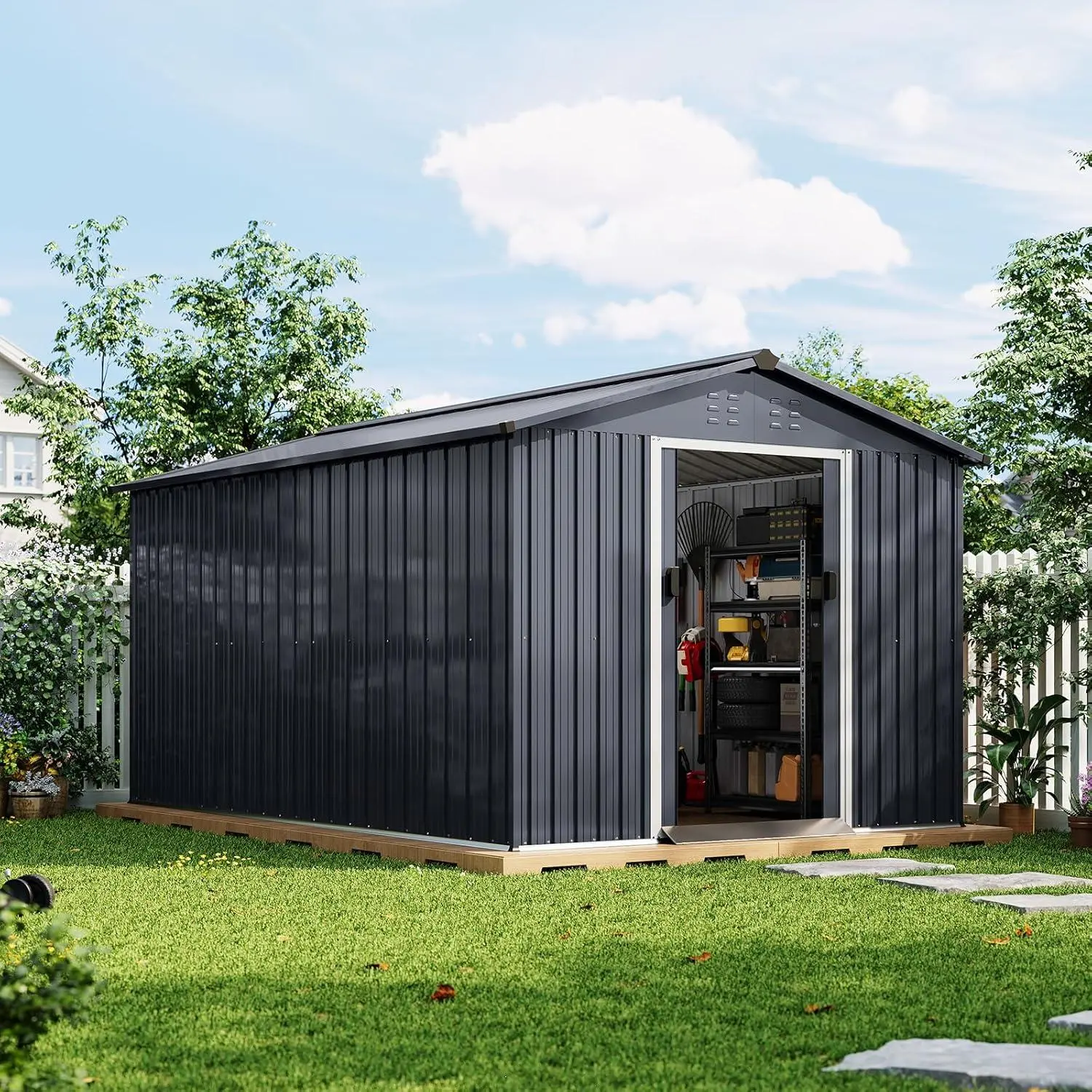 8x12 FT Galvanized Steel Outdoor Storage Shed, Corrosion-Resistant Metal Patio Furniture Tool Storage with Lockable Double Doors, Ventilation, Natural Light, Toolless Complete Kit for Easy Access to Bicycles, Lawn Mowers