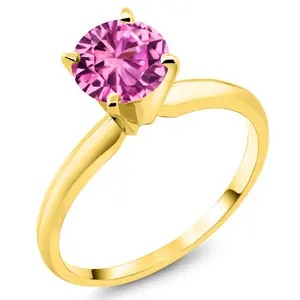 14K Yellow Gold Pink Created Sapphire Solitaire Engagement 4-Prong Ring For Women | 1.00 Cttw | Round 6MM | Gemstone September Birthstone