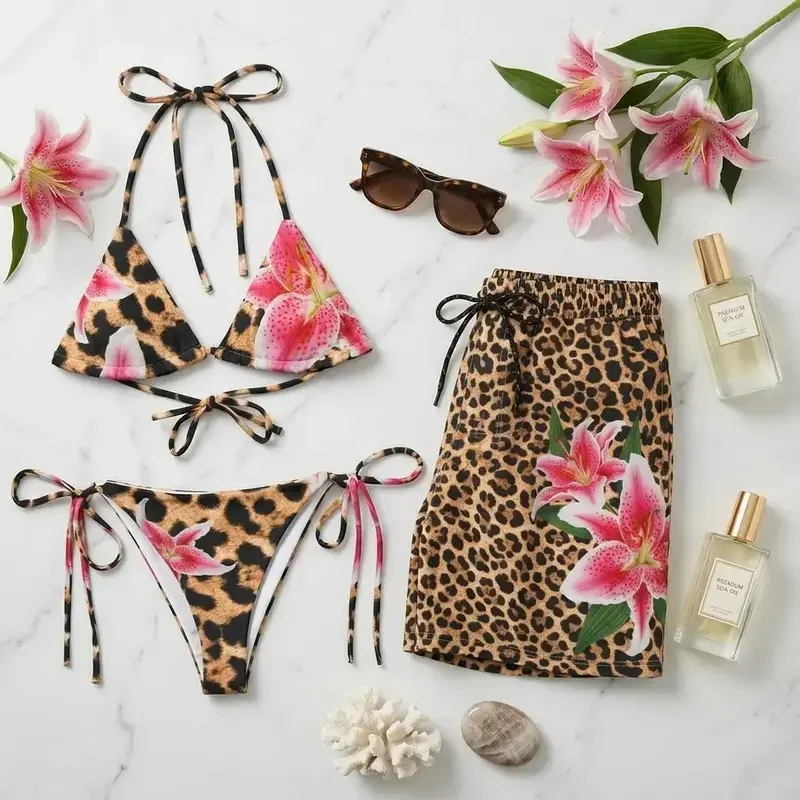 Matching Couple Leopard Print Swimwear Set – Pink Lily Floral Bikini & Men's Swim Trunks, Tropical Summer Beach Outfit