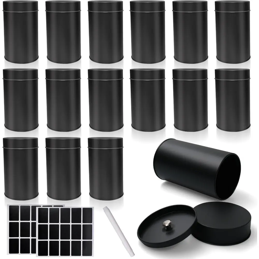 15 Pack 16oz Metal Tea Tins Black Tea Round Tin Can Container with Airtight Double Lids for Loose Leaf Tea Storage in Kitchen, Sugar, Spices Bottles Canister Organiser