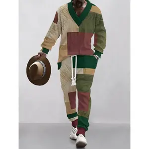 Men’s autumn–winter jacquard print set featuring a V-neck top and drawstring-waist pants, stylish checkered pattern for everyday wear, fall outfit