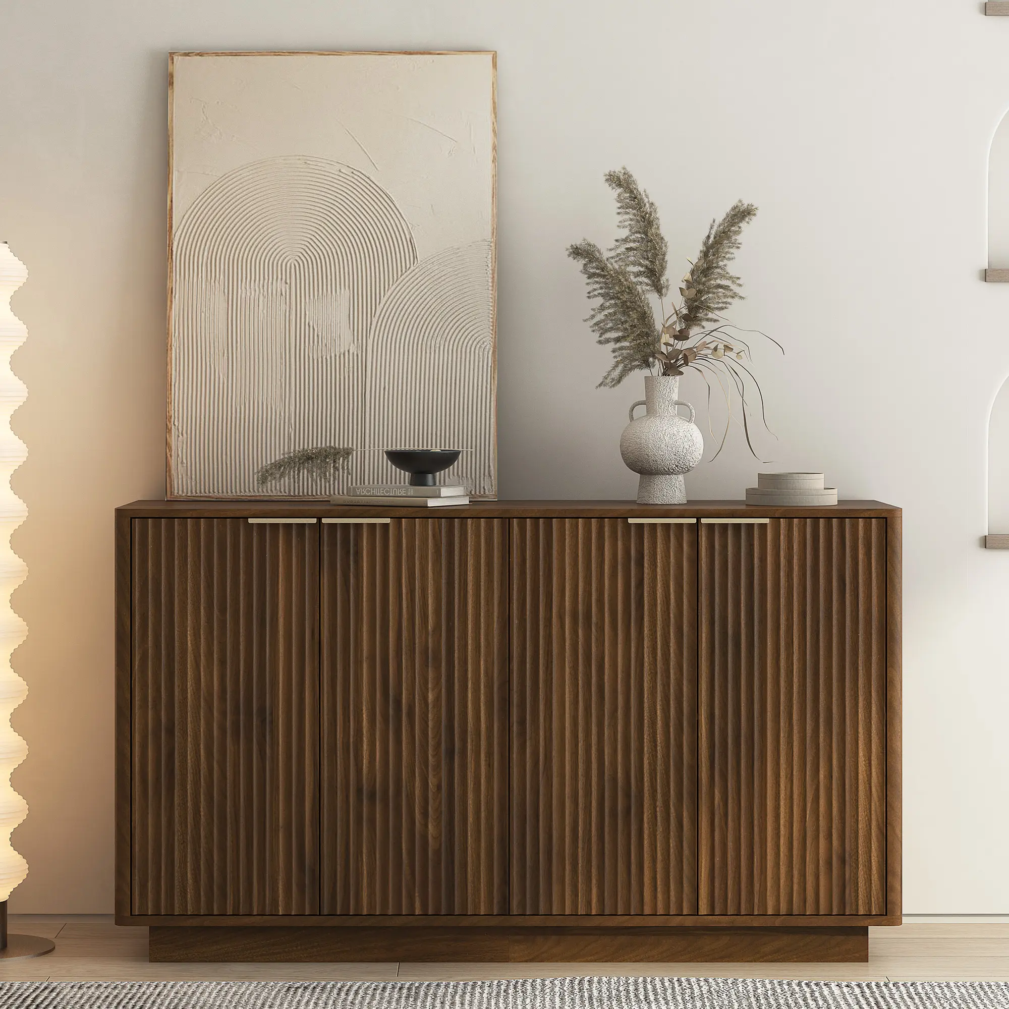 Buffet Cabinet with Fluted Doors, Wood Finish Sideboard Credenza with Adjustable Shelves, 55.1-Inch Wide Storage Unit for Dining Room, Living Room