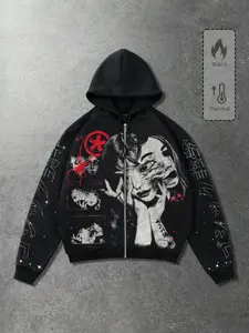 American Dark Subculture Hoodie, Full Zipper, Block, Spider Element, Japanese Text, Star Print, Warm, Loose Fit, Unisex