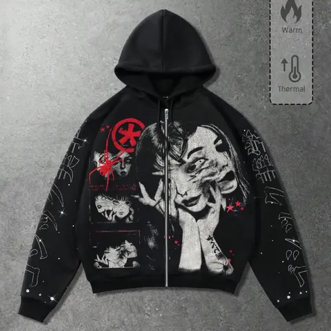 American Dark Subculture Hoodie, Full Zipper, Block, Spider Element, Japanese Text, Star Print, Warm, Loose Fit, Unisex, Fashion Hoodies