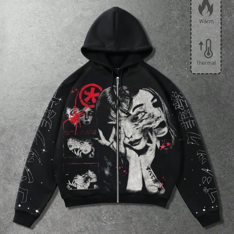 American Dark Subculture Hoodie, Full Zipper, Block, Spider Element, Japanese Text, Star Print, Warm, Loose Fit, Unisex, Fashion Hoodies