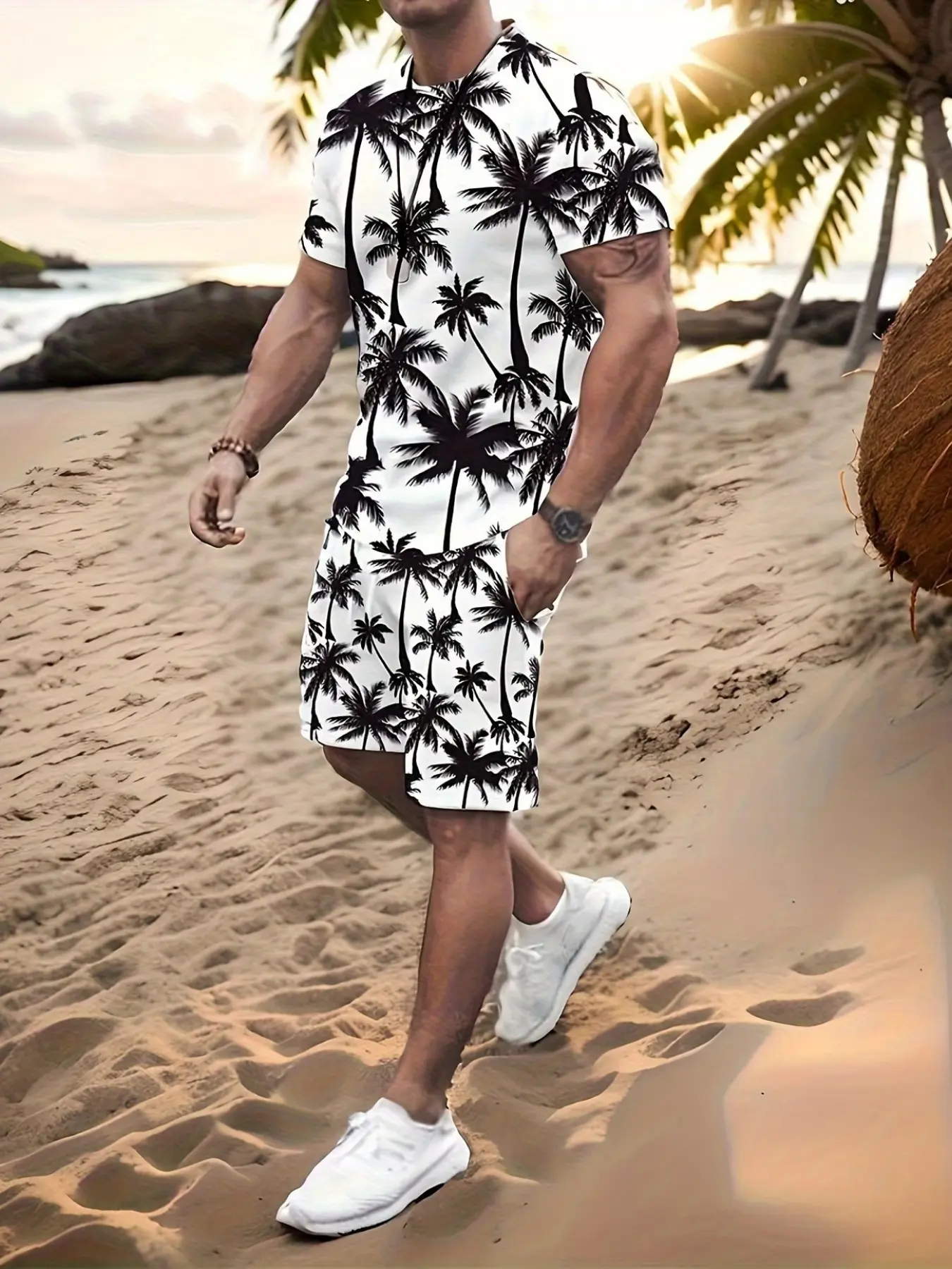 Men's Tropical Palm Tree Print Swimwear Set, Casual Matching Sets, Short Sleeve Tee & Pocket Shorts, Casual All-Season