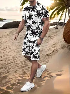 Men's Tropical Palm Tree Print Swimwear Set, Casual Matching Sets, Short Sleeve Tee & Pocket Shorts, Casual All-Season