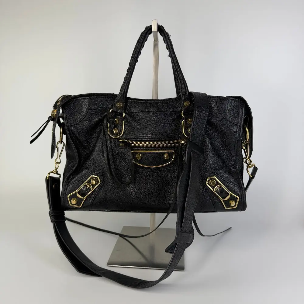 Pre-owned Balenciaga Classic City Black Leather Motorcycle Bag with Gold Hardware【1012】