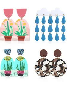 4 Pairs Acrylic Colorful Drop Dangle Earrings for Women Geometric Earrings Irregular Flora Animal Graffiti Cartoon Earrings Lightweight Jewelry