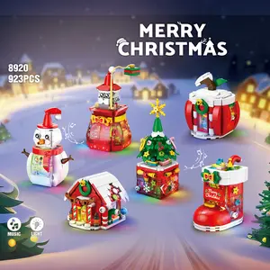 2025 Christmas Blind Box Building Blocks with Music and Lights, 6 Pack, Included Santa Claus's Lucky Bag, Apple House, Christmas House, Christmas Tree, Snowman, Stockings, Perfect for Christmas New Year Birthday Gifts Toy, Boys Girls Ages 6-8