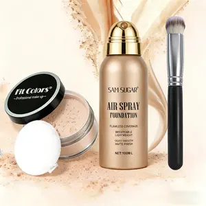 3pcs 4-Color Face Makeup Set with Foundation, Matte Setting Powder & Makeup Brush - Full Coverage Waterproof Long-Lasting Oil Control Sweatproof, Large Capacity for Music Festivals, Parties & Daily Use, Perfect Gift for 2025 Holidays
