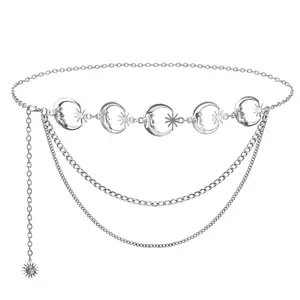 Metal Gold/Silver Chain Belt for Women Dress Jeans Moon Sun Waist Chain Adjustable for Plus Size