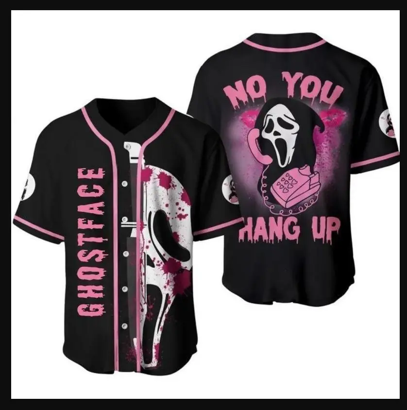 Pink Black Horror Baseball Jersey | Scary Mask Halloween Graphic Button Up Shirt | Unisex Spooky Party Top