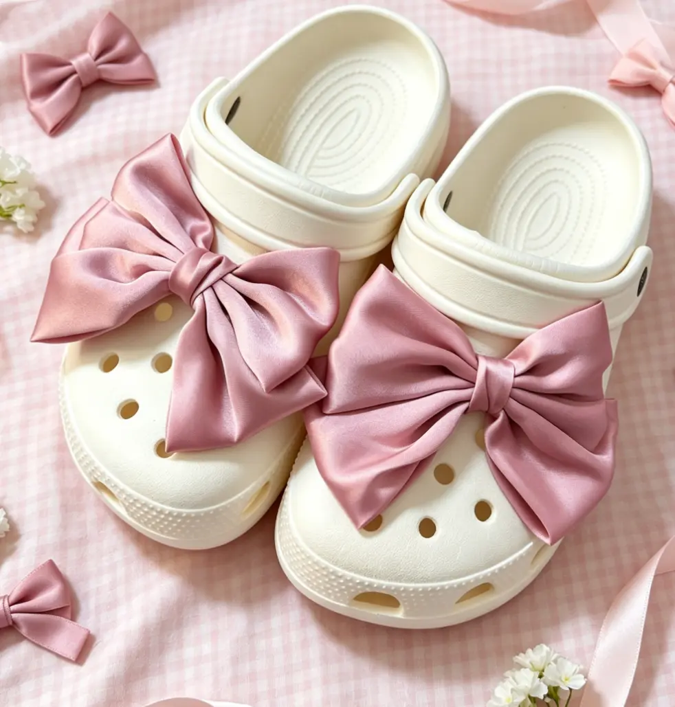 Elegant Pink  Satin Big Bow Shoe Charms, Removable Decorative Bow Ornaments, Stylish Aesthetic Decor Accessories for Hole Punch Slip On Sandals