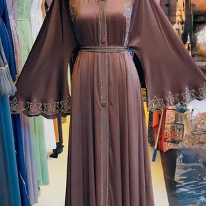 Crystal Dubai Abaya - Vibrant Blue Design with Intricate Embroidery, Long Sleeves, and Waist Tie for Versatile Wear