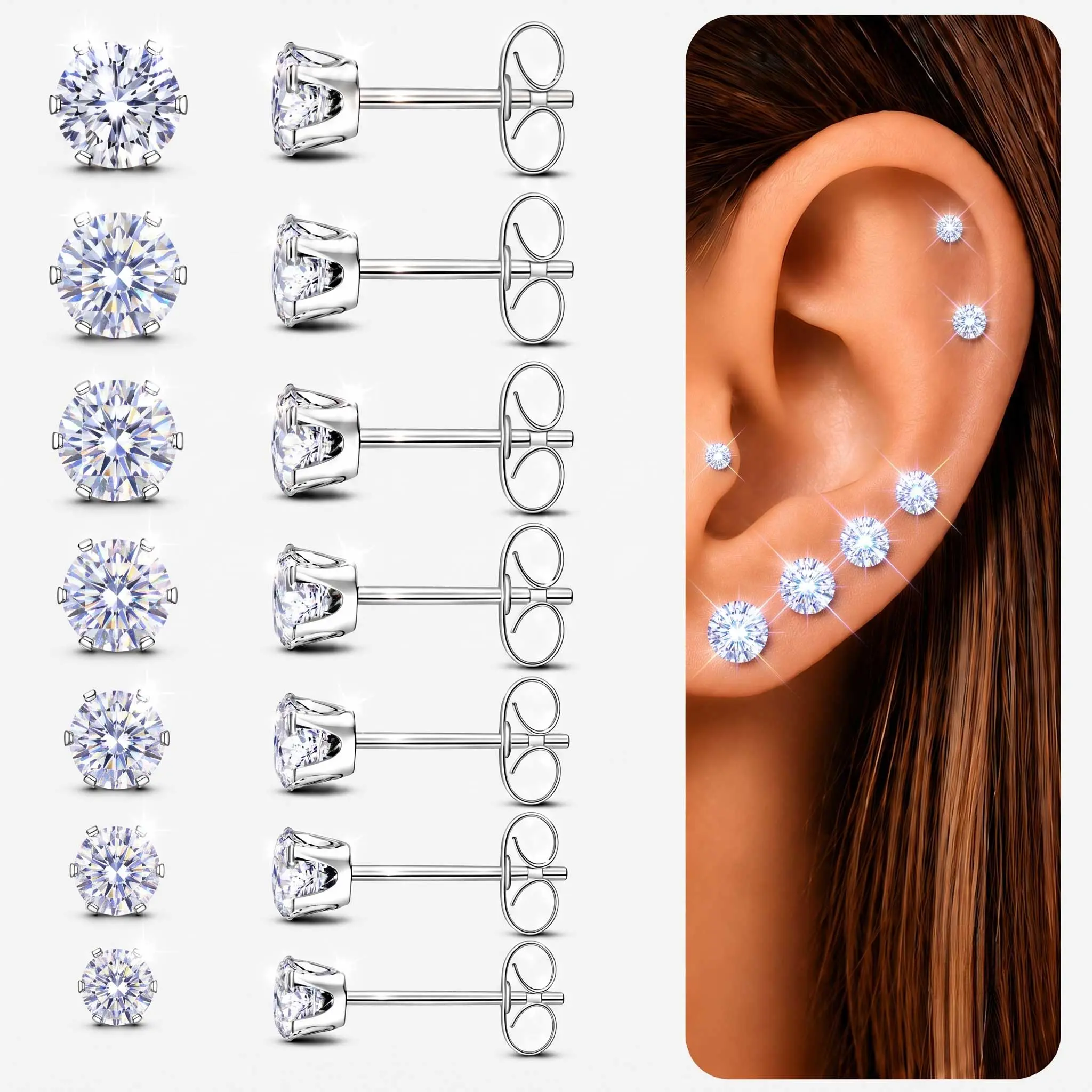 Silver Gold Black Stud Earrings Set 7Pairs Hypoallergenic Cubic Zirconia Titanium Stainless Steel Silver Rose Gold Black CZ Cartilage Stud Earrings Jewelry Sets for Women Men, 2-8mm CZ Stud Earrings, Ear Stack Earrings, Multiple Piercing Earrings