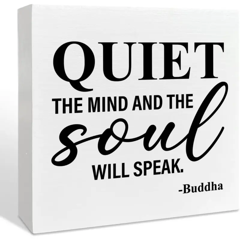 Zen Office Meditation Room Wood Box Sign Desk Accessories Decor for Home Bathroom, Spiritual Yoga Room Decor, Quiet The Mind And The Soul Will Speak. Zen Meditation Spiritual Yoga Decorations 5x5inch