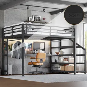 Queen Loft Bed with Desk and Storage Stairs, Metal Loft Beds with LED Lights, USB Ports, Multifunctional Iron Nets, No Spring Box Needed and Noise-free, Black