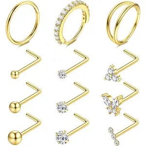 MILACOLATO 14K Plated Gold Nose Rings for Women - Hypoallergenic Surgical Steel Nose Ring Hoops 20G CZ Screw L Shaped Nose Studs Nose Piercings Jewelry for Women Men
